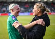 3 June 2025; An emotional Louise Quinn of Republic of Ireland, left, on the occasion of her last international game, with goalkeeping coach Emma Byrne after the UEFA Women's Nations League, League B match between Republic of Ireland and Slovenia at Páirc Uí Chaoimh in Cork. Photo by Stephen McCarthy/Sportsfile