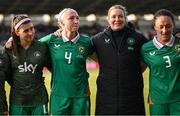 3 June 2025; Louise Quinn of Republic of Ireland, on the occasion of her last international game, with teammates Erin Healy, left, goalkeeping coach Emma Byrne and Megan Campbell, after the UEFA Women's Nations League, League B match between Republic of Ireland and Slovenia at Páirc Uí Chaoimh in Cork. Photo by Stephen McCarthy/Sportsfile