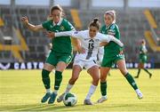 3 June 2025; Sara Makovec of Slovenia in action against Megan Campbell, left, and Denise O'Sullivan of Republic of Ireland after the UEFA Women's Nations League, League B match between Republic of Ireland and Slovenia at Páirc Uí Chaoimh in Cork. Photo by Stephen McCarthy/Sportsfile