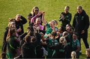 3 June 2025; Louise Quinn of Republic of Ireland, on the occasion of her last international game, is lifted up by her teammates after the UEFA Women's Nations League, League B match between Republic of Ireland and Slovenia at Páirc Uí Chaoimh in Cork. Photo by Shauna Clinton/Sportsfile