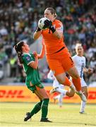 3 June 2025; Slovenia goalkeeper Zala Meršnik in action against Marissa Sheva of Republic of Ireland the UEFA Women's Nations League, League B match between Republic of Ireland and Slovenia at Páirc Uí Chaoimh in Cork. Photo by Stephen McCarthy/Sportsfile