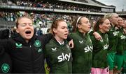 3 June 2025; Republic of Ireland players, from left, Ruesha Littlejohn, Aoife Mannion., Grace Moloney and Louise Quinn stand for the playing of the National Anthem before the UEFA Women's Nations League, League B match between Republic of Ireland and Slovenia at Páirc Uí Chaoimh in Cork. Photo by Stephen McCarthy/Sportsfile