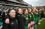 3 June 2025; Republic of Ireland players, from left, Lucy Quinn, Ruesha Littlejohn, Aoife Mannion., Grace Moloney and Louise Quinn stand for the playing of the National Anthem before the UEFA Women's Nations League, League B match between Republic of Ireland and Slovenia at Páirc Uí Chaoimh in Cork. Photo by Stephen McCarthy/Sportsfile