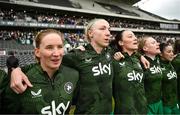 3 June 2025; Republic of Ireland players, from left, Sophie Whitehouse, Louise Quinn, Megan Campbell and Amber Barrett stand for the playing of the National Anthem before the UEFA Women's Nations League, League B match between Republic of Ireland and Slovenia at Páirc Uí Chaoimh in Cork. Photo by Stephen McCarthy/Sportsfile