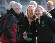 3 June 2025; Amber Barrett of Republic of Ireland with RTÉ's Des Curran and Méabh De Búrca, centre, after the UEFA Women's Nations League, League B match between Republic of Ireland and Slovenia at Páirc Uí Chaoimh in Cork. Photo by Stephen McCarthy/Sportsfile
