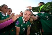3 June 2025; Louise Quinn of Republic of Ireland takes a moment with her teammates, on the occasion of her last international game, after the UEFA Women's Nations League, League B match between Republic of Ireland and Slovenia at Páirc Uí Chaoimh in Cork. Photo by Stephen McCarthy/Sportsfile
