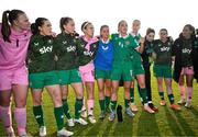 3 June 2025; Republic of Ireland captain Katie McCabe with team-mates, from left, goalkeeper Courtney Brosnan, Tyler Toland, Aoibheann Clancy, goalkeeper Grace Moloney, Jessie Stapleton, Anna Patten, physiotherapist Susie Coffey, Aoife Mannion and goalkeeper Sophie Whitehouse after the UEFA Women's Nations League, League B match between Republic of Ireland and Slovenia at Páirc Uí Chaoimh in Cork. Photo by Stephen McCarthy/Sportsfile