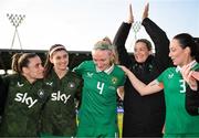 3 June 2025; Republic of Ireland players, from left, Chloe Mustaki, Erin Healy, Louise Quinn, goalkeeping coach Emma Byrne and Megan Campbell after the UEFA Women's Nations League, League B match between Republic of Ireland and Slovenia at Páirc Uí Chaoimh in Cork. Photo by Stephen McCarthy/Sportsfile