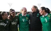3 June 2025; Republic of Ireland players, from left, Chloe Mustaki, Erin Healy, Louise Quinn, goalkeeping coach Emma Byrne and Megan Campbell after the UEFA Women's Nations League, League B match between Republic of Ireland and Slovenia at Páirc Uí Chaoimh in Cork. Photo by Stephen McCarthy/Sportsfile