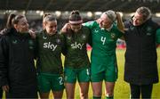3 June 2025; Republic of Ireland players, from left, Lucy Quinn, Chloe Mustaki, Erin Healy, Louise Quinn and goalkeeping coach Emma Byrne after the UEFA Women's Nations League, League B match between Republic of Ireland and Slovenia at Páirc Uí Chaoimh in Cork. Photo by Stephen McCarthy/Sportsfile