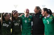 3 June 2025; Republic of Ireland players, from left, Chloe Mustaki, Erin Healy, Louise Quinn, goalkeeping coach Emma Byrne and Megan Campbell after the UEFA Women's Nations League, League B match between Republic of Ireland and Slovenia at Páirc Uí Chaoimh in Cork. Photo by Stephen McCarthy/Sportsfile