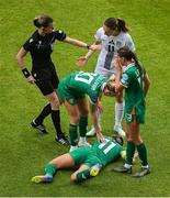3 June 2025; Referee Miriama Bocková speaks to Lara Prašnikar of Slovenia after Katie McCabe of Republic of Ireland sustains an injury during the UEFA Women's Nations League, League B match between Republic of Ireland and Slovenia at Páirc Uí Chaoimh in Cork. Photo by Shauna Clinton/Sportsfile