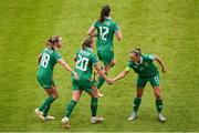 3 June 2025; Saoirse Noonan of Republic of Ireland, centre, is congratulated by team-mate Katie McCabe, right, after scoring her side's first goal during the UEFA Women's Nations League, League B match between Republic of Ireland and Slovenia at Páirc Uí Chaoimh in Cork. Photo by Shauna Clinton/Sportsfile
