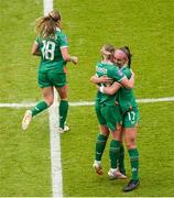 3 June 2025; Saoirse Noonan of Republic of Ireland, centre, is congratulates by team-mates Caitlin Hayes, right, after scoring her side's first goal during the UEFA Women's Nations League, League B match between Republic of Ireland and Slovenia at Páirc Uí Chaoimh in Cork. Photo by Shauna Clinton/Sportsfile