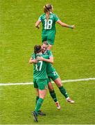 3 June 2025; Saoirse Noonan of Republic of Ireland, centre, is congratulates by team-mates Caitlin Hayes, right, after scoring her side's first goal during the UEFA Women's Nations League, League B match between Republic of Ireland and Slovenia at Páirc Uí Chaoimh in Cork. Photo by Shauna Clinton/Sportsfile
