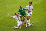 3 June 2025; Katie McCabe of Republic of Ireland in action against Slovenia players Sara Makovec, left, and Maja Sternad during the UEFA Women's Nations League, League B match between Republic of Ireland and Slovenia at Páirc Uí Chaoimh in Cork. Photo by Shauna Clinton/Sportsfile