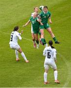 3 June 2025; Republic of Ireland players Emily Murphy, right, and Denise O’Sullivan contest a high ball against Kaja Eržen of Slovenia during the UEFA Women's Nations League, League B match between Republic of Ireland and Slovenia at Páirc Uí Chaoimh in Cork. Photo by Shauna Clinton/Sportsfile