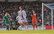 3 June 2025; Sara Agrež of Slovenia celebrates her side successfully defending an Republic of Ireland attack during the UEFA Women's Nations League, League B match between Republic of Ireland and Slovenia at Páirc Uí Chaoimh in Cork. Photo by Stephen McCarthy/Sportsfile