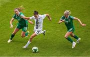 3 June 2025; Sara Makovec of Slovenia in action against Republic of Ireland players Kyra Carusa, left, and Denise O'Sullivan during the UEFA Women's Nations League, League B match between Republic of Ireland and Slovenia at Páirc Uí Chaoimh in Cork. Photo by Shauna Clinton/Sportsfile