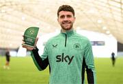 4 June 2025; Republic of Ireland's Robbie Brady with his 35th FAI International Awards Senior Men's International Player of the Year at the National Indoor Arena on the Sport Ireland Campus in Dublin. Photo by Stephen McCarthy/Sportsfile