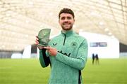 4 June 2025; Republic of Ireland's Robbie Brady with his 35th FAI International Awards Senior Men's International Player of the Year at the National Indoor Arena on the Sport Ireland Campus in Dublin. Photo by Stephen McCarthy/Sportsfile