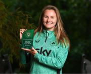 4 June 2025; Republic of Ireland's Kyra Carusa with the 35th FAI International Awards Senior Women's International Player of the Year award at the The River Lee Hotel in Cork. Photo by Stephen McCarthy/Sportsfile