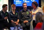 28 May 2025; Athletes and guests gather at a special team dinner hosted by the Olympic Federation of Ireland during the Winter Olympic Team Camp in Dublin. Olympic Federation of Ireland Head of Communications interviews Winter Olympic Athletes, from left, Liam O'Brien, Elsa Desmond and Thomas Maloney Westgaard at The Old Spot in Dublin, while celebrating the journey to Milano Cortina 2026. Photo by Shauna Clinton/Sportsfile