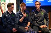 28 May 2025; Athletes and guests gather at a special team dinner hosted by the Olympic Federation of Ireland during the Winter Olympic Team Camp in Dublin. Olympic Federation of Ireland Head of Communications interviews Winter Olympic Athletes, from left, Liam O'Brien, Elsa Desmond and Thomas Maloney Westgaard at The Old Spot in Dublin, while celebrating the journey to Milano Cortina 2026. Photo by Shauna Clinton/Sportsfile