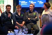 28 May 2025; Athletes and guests gather at a special team dinner hosted by the Olympic Federation of Ireland during the Winter Olympic Team Camp in Dublin. Olympic Federation of Ireland Head of Communications interviews Winter Olympic Athletes, from left, Liam O'Brien, Elsa Desmond and Thomas Maloney Westgaard at The Old Spot in Dublin, while celebrating the journey to Milano Cortina 2026. Photo by Shauna Clinton/Sportsfile