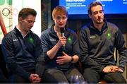 28 May 2025; Athletes and guests gather at a special team dinner hosted by the Olympic Federation of Ireland during the Winter Olympic Team Camp in Dublin. Olympic Federation of Ireland Head of Communications interviews Winter Olympic Athletes, from left, Liam O'Brien, Elsa Desmond and Thomas Maloney Westgaard at The Old Spot in Dublin, while celebrating the journey to Milano Cortina 2026. Photo by Shauna Clinton/Sportsfile