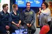 28 May 2025; Athletes and guests gather at a special team dinner hosted by the Olympic Federation of Ireland during the Winter Olympic Team Camp in Dublin. Olympic Federation of Ireland Head of Communications interviews Winter Olympic Athletes, from left, Liam O'Brien, Elsa Desmond and Thomas Maloney Westgaard at The Old Spot in Dublin, while celebrating the journey to Milano Cortina 2026. Photo by Shauna Clinton/Sportsfile
