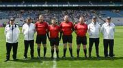 31 May 2025; Referee Kevin Parke with his team of officials before the Lory Meagher Cup final match between Cavan and New York at Croke Park in Dublin. Photo by Stephen Marken/Sportsfile