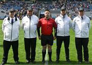 31 May 2025; Referee Kevin Parke with his umpires before the Lory Meagher Cup final match between Cavan and New York at Croke Park in Dublin. Photo by Stephen Marken/Sportsfile