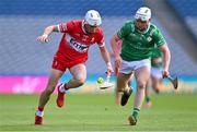 31 May 2025; Cahal Murray of Derry in action against Niall Fitzgerald of London during the Christy Ring Cup final match between Derry and London at Croke Park in Dublin. Photo by Stephen Marken/Sportsfile