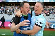 31 May 2025; London manager Neil Rogers, left, and selector Anthony Nash celebrate after their side's victory in the Christy Ring Cup final match between Derry and London at Croke Park in Dublin. Photo by Stephen Marken/Sportsfile