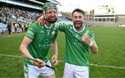 31 May 2025; Conor Byrne, left, and Enda Egan of London celebrate after their side's victory in the Christy Ring Cup final match between Derry and London at Croke Park in Dublin. Photo by Stephen Marken/Sportsfile