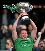 31 May 2025; London captain Sean Glynn lifts the Christy Ring Cup after the Christy Ring Cup final match between Derry and London at Croke Park in Dublin. Photo by Stephen Marken/Sportsfile