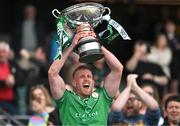 31 May 2025; London captain Sean Glynn lifts the Christy Ring Cup after the Christy Ring Cup final match between Derry and London at Croke Park in Dublin. Photo by Stephen Marken/Sportsfile