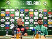 5 June 2025; Head coach Heimir Hallgrimsson and Robbie Brady during a Republic of Ireland media conference at the FAI Headquarters in Abbotstown, Dublin. Photo by Stephen McCarthy/Sportsfile