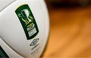 5 June 2025; A Sports Direct Women’s FAI Cup branded ball before the Sports Direct Women’s FAI Cup first round draw at the Conference Centre on the Sport Ireland National Sport Campus in Abbotstown, Dublin. Photo by Seb Daly/Sportsfile