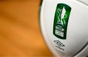 5 June 2025; A Sports Direct Men’s FAI Cup branded ball before the Sports Direct Men’s FAI Cup second round draw at the Conference Centre on the Sport Ireland National Sport Campus in Abbotstown, Dublin. Photo by Seb Daly/Sportsfile