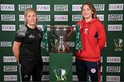 5 June 2025; Charlie Graham of Whitehall Rangers, left, and Kate Mooney of Shelbourne after the Sports Direct Women’s FAI Cup first round draw at the Conference Centre on the Sport Ireland National Sport Campus in Abbotstown, Dublin Photo by Seb Daly/Sportsfile
