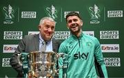 5 June 2025; FAI President Paul Cooke, left, and Republic of Ireland international Robbie Brady before the Sports Direct Men’s FAI Cup second round draw at the Conference Centre on the Sport Ireland National Sport Campus in Abbotstown, Dublin. Photo by Seb Daly/Sportsfile