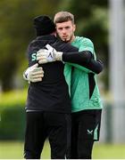 5 June 2025; Goalkeeper Josh Keeley and goalkeeping coach Gudmundur Hreidarsson during a Republic of Ireland training session at the FAI National Training Centre in Abbotstown, Dublin. Photo by Stephen McCarthy/Sportsfile