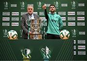 5 June 2025; Republic of Ireland international Robbie Brady, right, draws Shelbourne FC, alongside FAI President Paul Cooke, during the Sports Direct Men’s FAI Cup second round draw at the Conference Centre on the Sport Ireland National Sport Campus in Abbotstown, Dublin. Photo by Seb Daly/Sportsfile