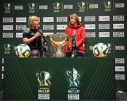 5 June 2025; Charlie Graham of Whitehall Rangers, left, and Kate Mooney of Shelbourne after the Sports Direct Women’s FAI Cup first round draw at the Conference Centre on the Sport Ireland National Sport Campus in Abbotstown, Dublin Photo by Seb Daly/Sportsfile