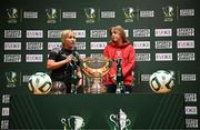 5 June 2025; Charlie Graham of Whitehall Rangers, left, and Kate Mooney of Shelbourne after the Sports Direct Women’s FAI Cup first round draw at the Conference Centre on the Sport Ireland National Sport Campus in Abbotstown, Dublin Photo by Seb Daly/Sportsfile