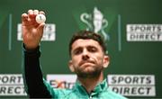 5 June 2025; Republic of Ireland international Robbie Brady draws out Athlone Town FC during the Sports Direct Men’s FAI Cup second round draw at the Conference Centre on the Sport Ireland National Sport Campus in Abbotstown, Dublin. Photo by Seb Daly/Sportsfile