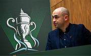 5 June 2025; MC Shane Dawson during the Sports Direct Men’s FAI Cup second round draw at the Conference Centre on the Sport Ireland National Sport Campus in Abbotstown, Dublin. Photo by Seb Daly/Sportsfile