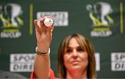 5 June 2025; Sports Direct marketing manager Sharon Lancaster draws out Bohemain FC during the Sports Direct Women’s FAI Cup first round draw at the Conference Centre on the Sport Ireland National Sport Campus in Abbotstown, Dublin Photo by Seb Daly/Sportsfile